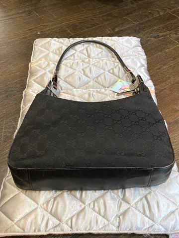 VINTAGE: Gucci GG Supreme Black Canvas Shoulder Bag with Leather Trim, Thin strap with silver hardware