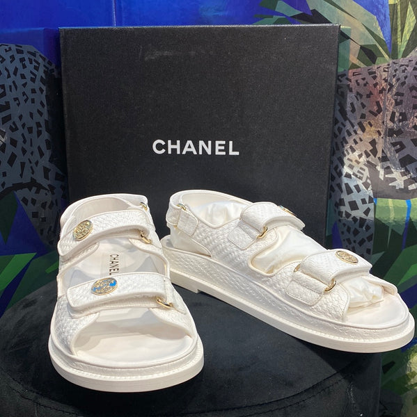 Chanel White Printed Calfskin Dad Sandal Gold Hardware