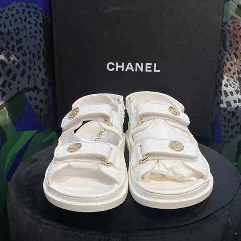 Chanel White Printed Calfskin Dad Sandal Gold Hardware