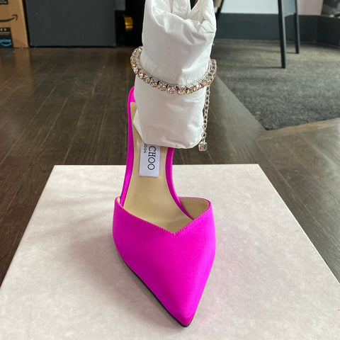 Jimmy Choo Pointed Toe Fuschsia Satin Heel with Crystal Chain