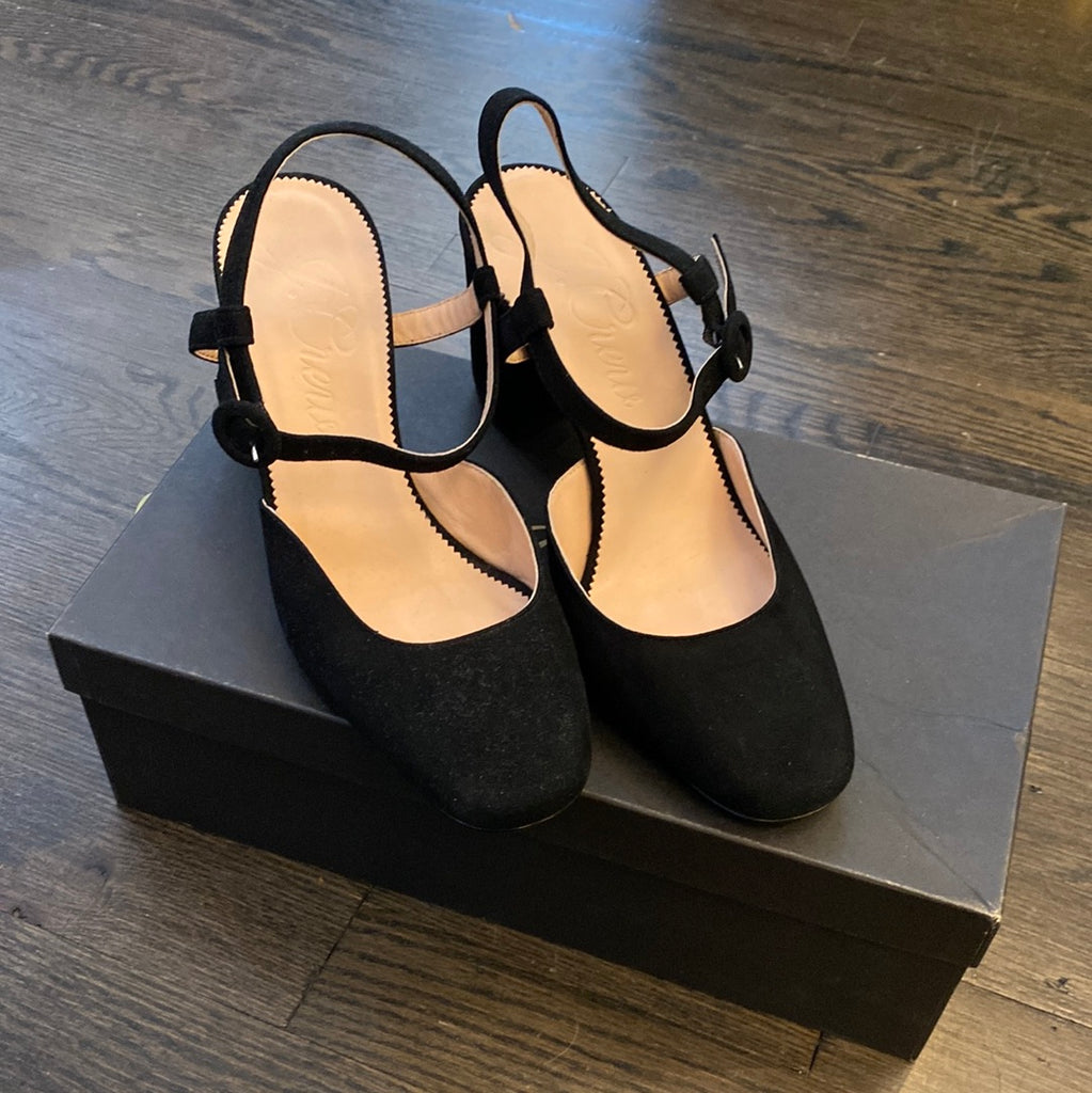 J Crew Black Suede Ankel Strap Block Heel Shoe