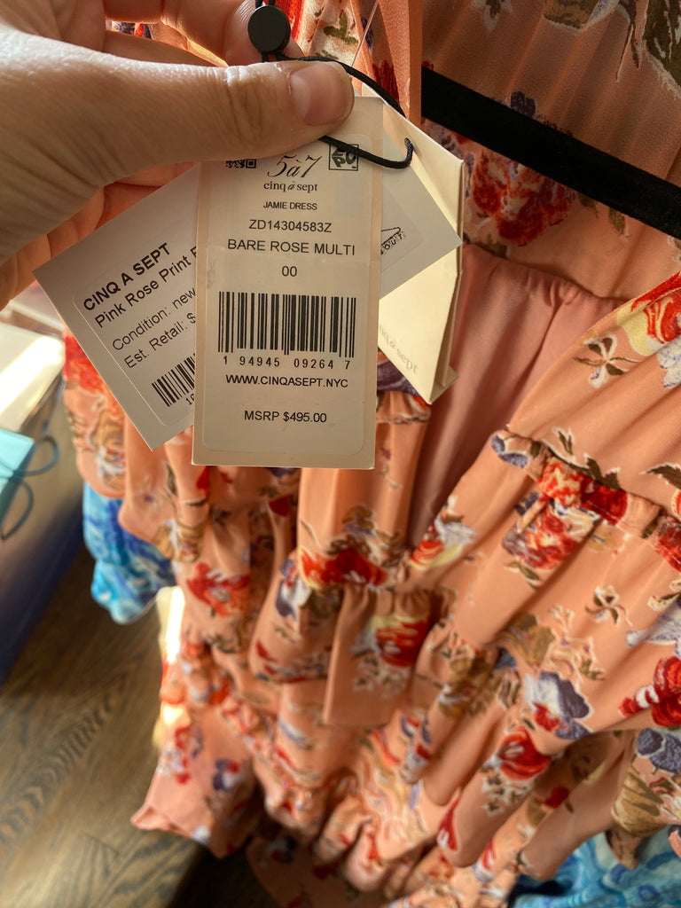 Cinq a Sept Pink Rose Print Ruffle Tiered Short Sleeve Dress