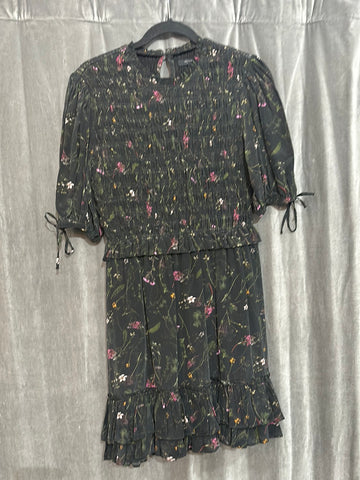 ALL SAINTS Black Floral Smocked Ruffle Bottom Dress