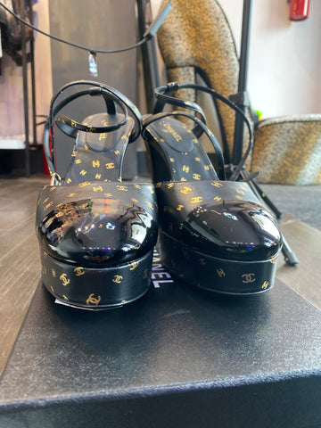Chanel Black Leather Gold CC PLatform Patent Leather Toe Ankle Strap Heels
