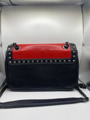 Prada Glace Black and Red Leather Studded Shoulder Bag