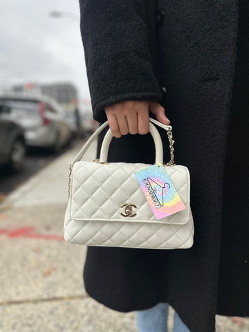 Chanel White Caviar Leather Coco Mini Handle