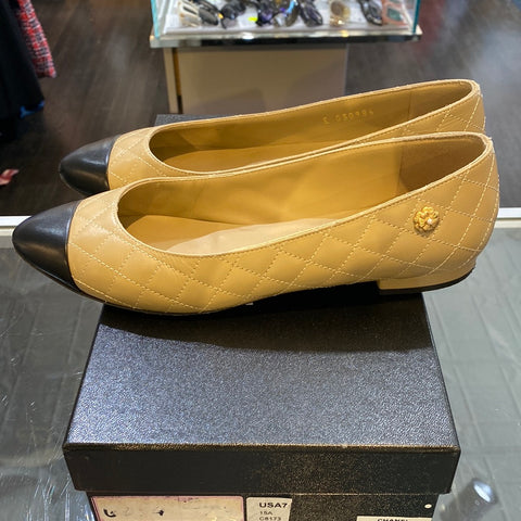 Chanel Black and Beige Leather Pointed Toe Quilted Flat with Flower Charm
