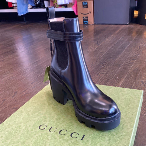 Gucci Black Leather Heeled Stretch Bootie with Gold GUCCI