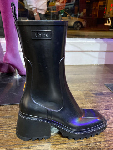 Chloe Black Square Toe Chunky Heel Zip Rain Boot 'BETTY'