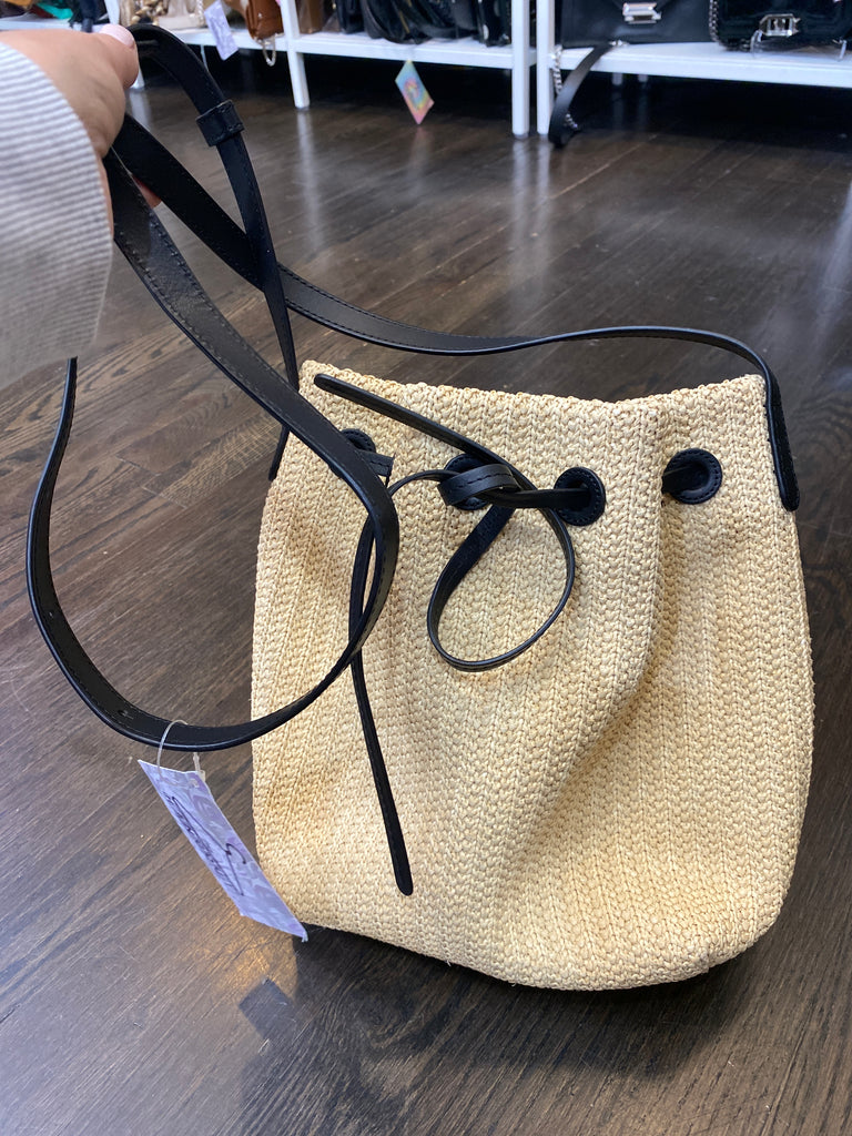 Mansur Gavriel Raffia Bucket Bag with Black Leather Strap