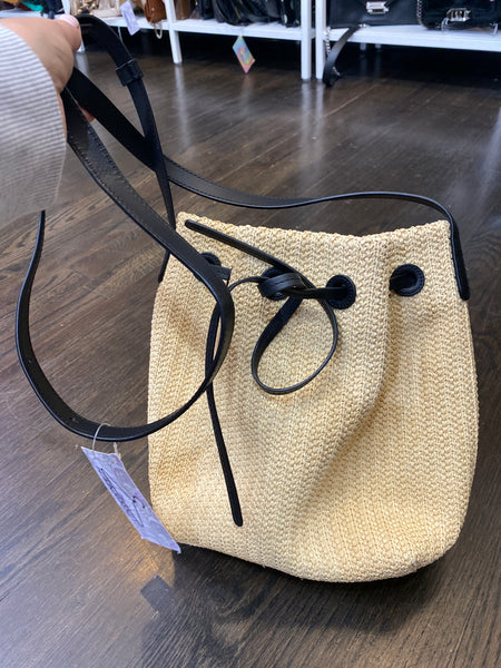 Mansur Gavriel Raffia Bucket Bag with Black Leather Strap