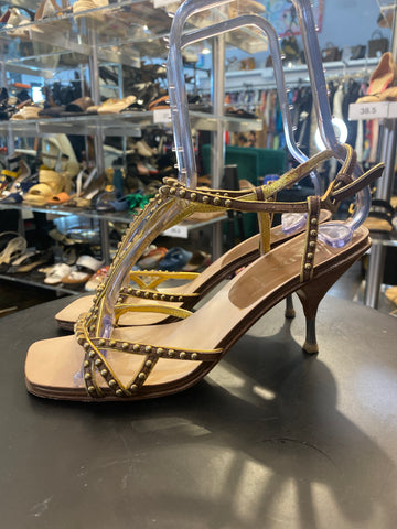Vintage: Prada Gold Metallic Leather Strappy Flat Sandals with Antique Gold Stud Embellishments and Ankle Strap