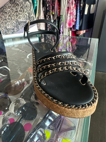 Chanel Cork Black Leather Strappy Sandal with Gold Chain