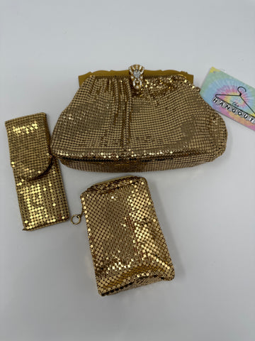 Vintage: Whiting and Davis Gold Chain Mail Clutch with Accessories