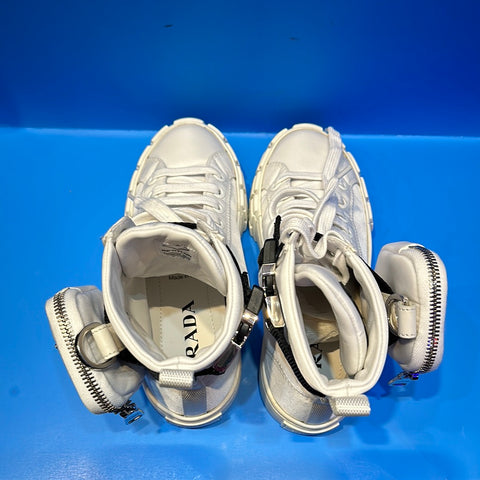 Prada White Nylon Side Pouch High Top Sneaker