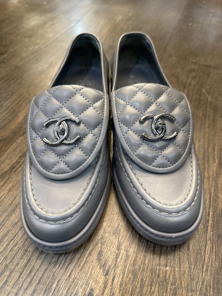 CHANEL Grey Quilted Foldover Loafers
