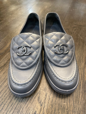 CHANEL Grey Quilted Foldover Loafers