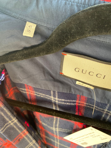 GUCCI Blue and Red Plaid Button Down Skirt with Tiger Patch