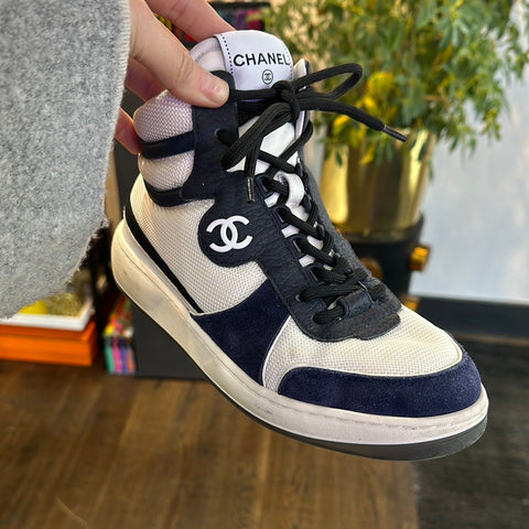 Chanel High Top White and Navy Suede Sneaker 'Sport Ryder'