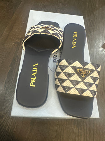 Prada Navy and White 'triangolo jacquar' Logo Sandal