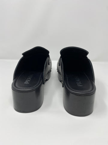 Prada Black Leather Triangle Logo Studded Wooden Bottom Clogs