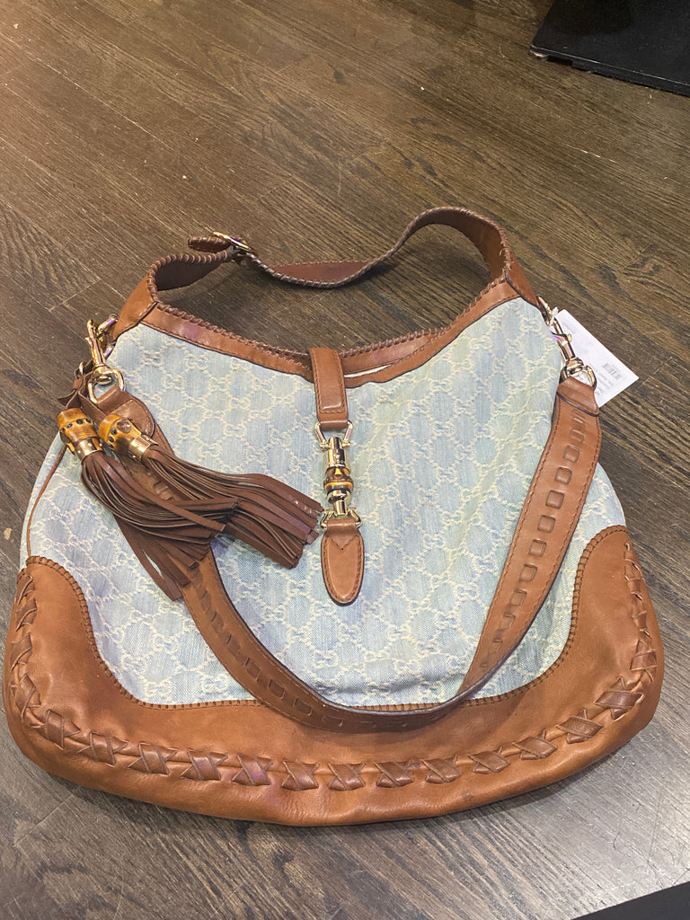 Vintage: Gucci Denim GG Supreme and Brown Leather Tassel Crossbody Bag