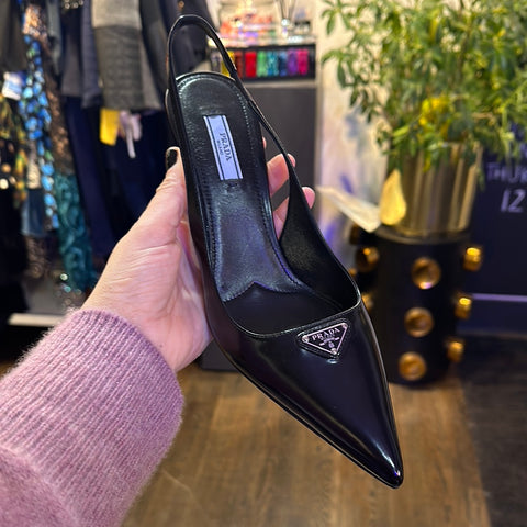 Prada Black Leather Pointed Toe Slingback with Triangle Logo