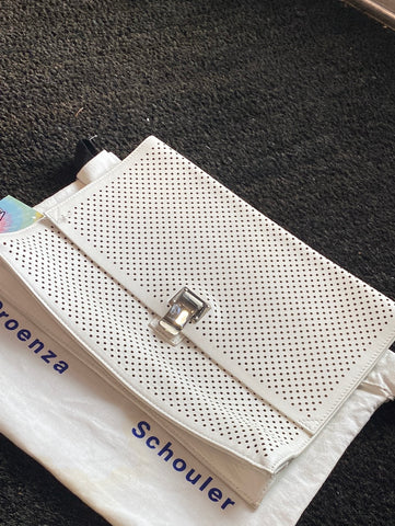 Proenza Schouler White Perforated Envelope Clutch with Silver Hardware