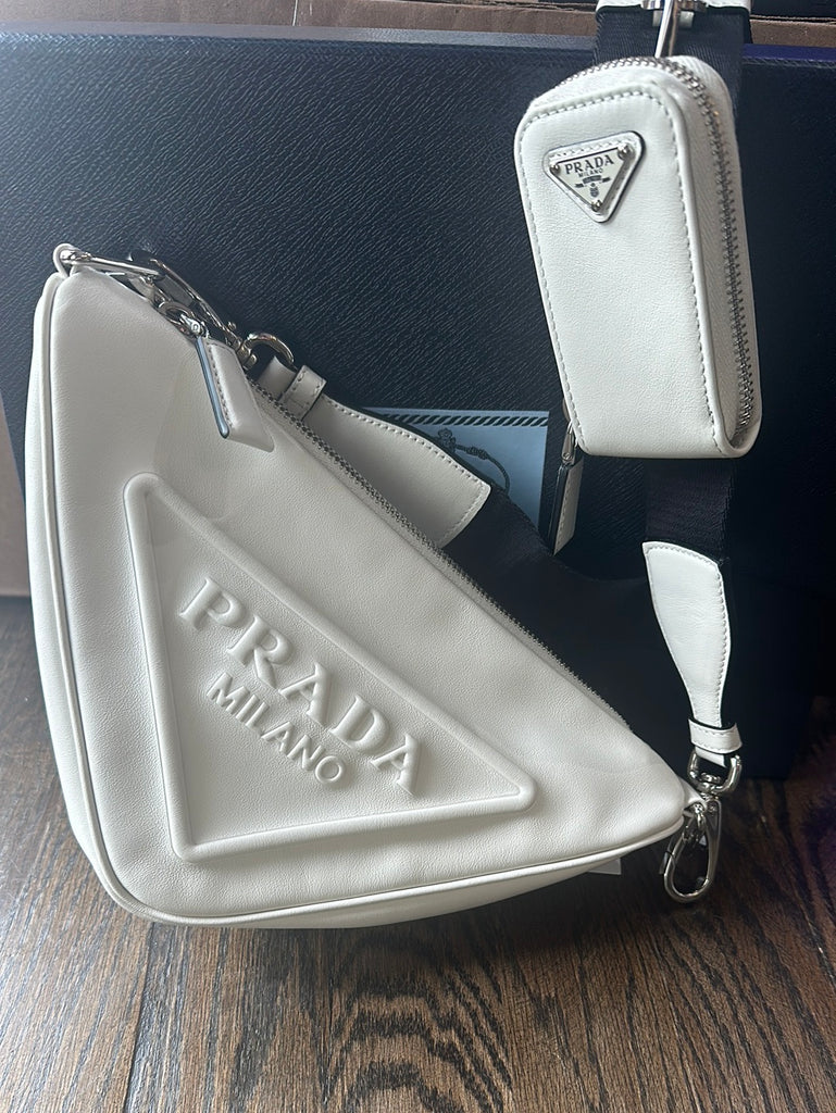 Prada White Leather Triangle Shoulder Bag