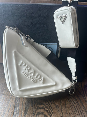 Prada White Leather Triangle Shoulder Bag