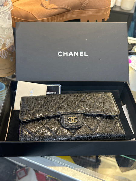 Chanel Black Caviar Leather Flap Wallet with Silver CC