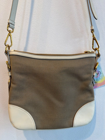 Vintage: PRADA Beige Logo Canvas Crossbody with Leather Corners
