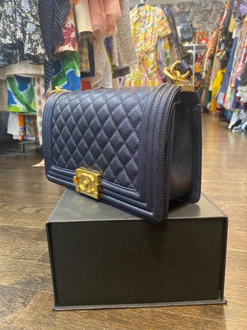 Chanel Dark Blue New Medium Caviar Leather Quilted Boy Bag with Antique Gold Hardware
