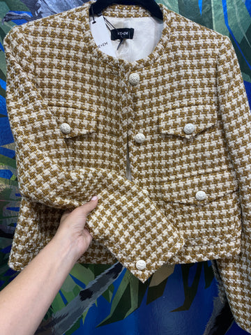 ME + EM Brown and Cream Woven Cropped Houndstooth Blazer