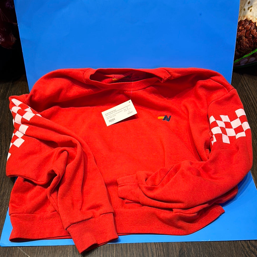 Aviator Nation Red Cropped White Checkerboard Sleeve Sweatshirt