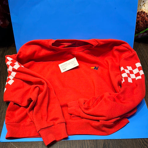 Aviator Nation Red Cropped White Checkerboard Sleeve Sweatshirt