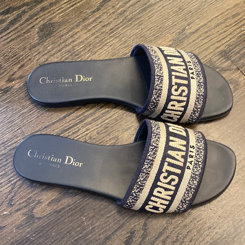 Christian Dior 'D WAY' Navy Fabric Slide Open Toe Sandal