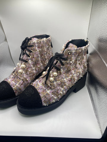 Chanel Lavender Tweed Lace Up Back Zip Bootie wiht pearl