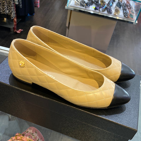 Chanel Black and Beige Leather Pointed Toe Quilted Flat with Flower Charm