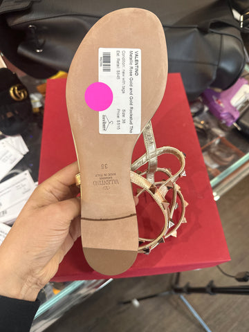 Valentino Metallic Rose Gold and Gold Rockstud Thong Sandal