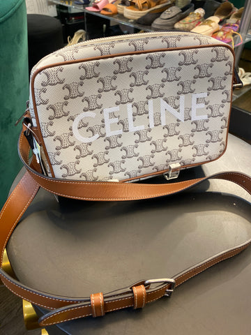 CELINE Cream Leather Medium Messenger Triomphe Logo Crossbody Bag