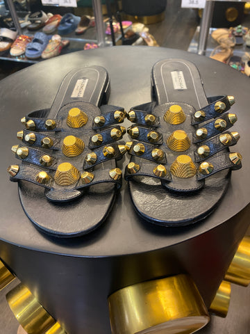 Balenciaga Black Leather Studded Flat City Slippers