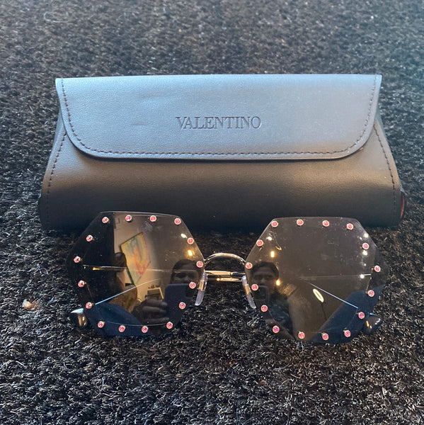 Valentino Pink Crystal Trimmed Hexagon Rimless Sunnies