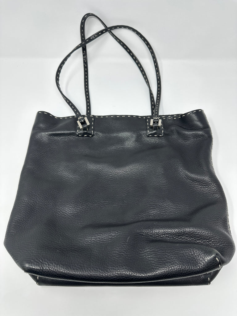 Vintage: Fendi Black Pebbeled Leather with White Stitching Tote Bag