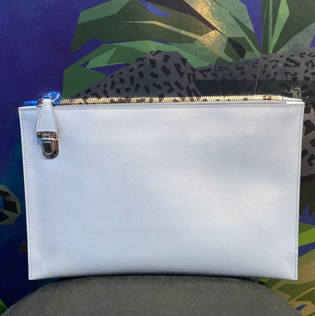 Prada Pale Blue Saffiano Leather Top Zip Pochette