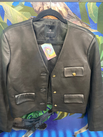 ANINE BING Black Lamb Leather V Neck CARA Cropped Jacket