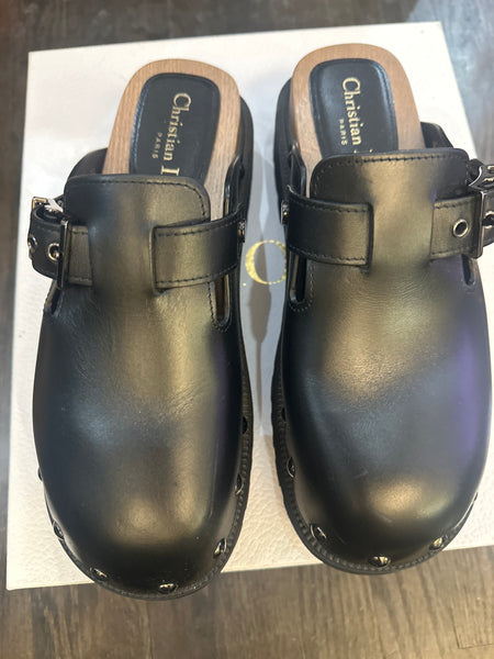 Christian Dior Black Leather and Wooden Clogs