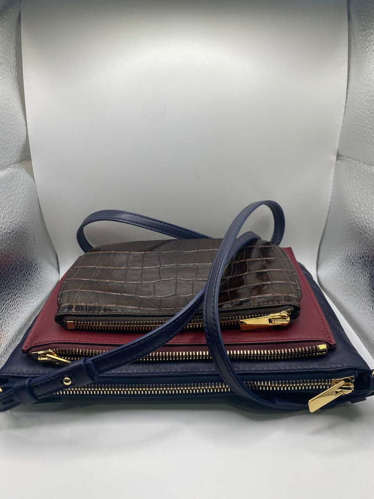Proenza Schoulder Triple Zip Crossbody Bag Navy/Mocha and Garnet