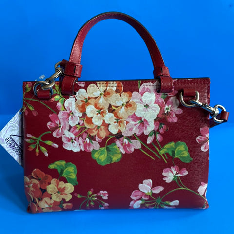 Gucci Red Blooms Printed Leather Bamboo Daily Top Handle Bag