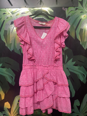 Love Shack Fancy Pink Ruffle Sleeve Smocked Mini Dress